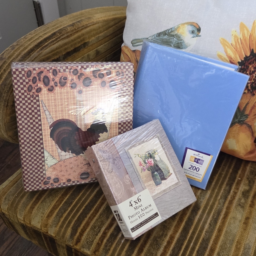 Set of Three Photo Albums in Brown, Blue, and Beige